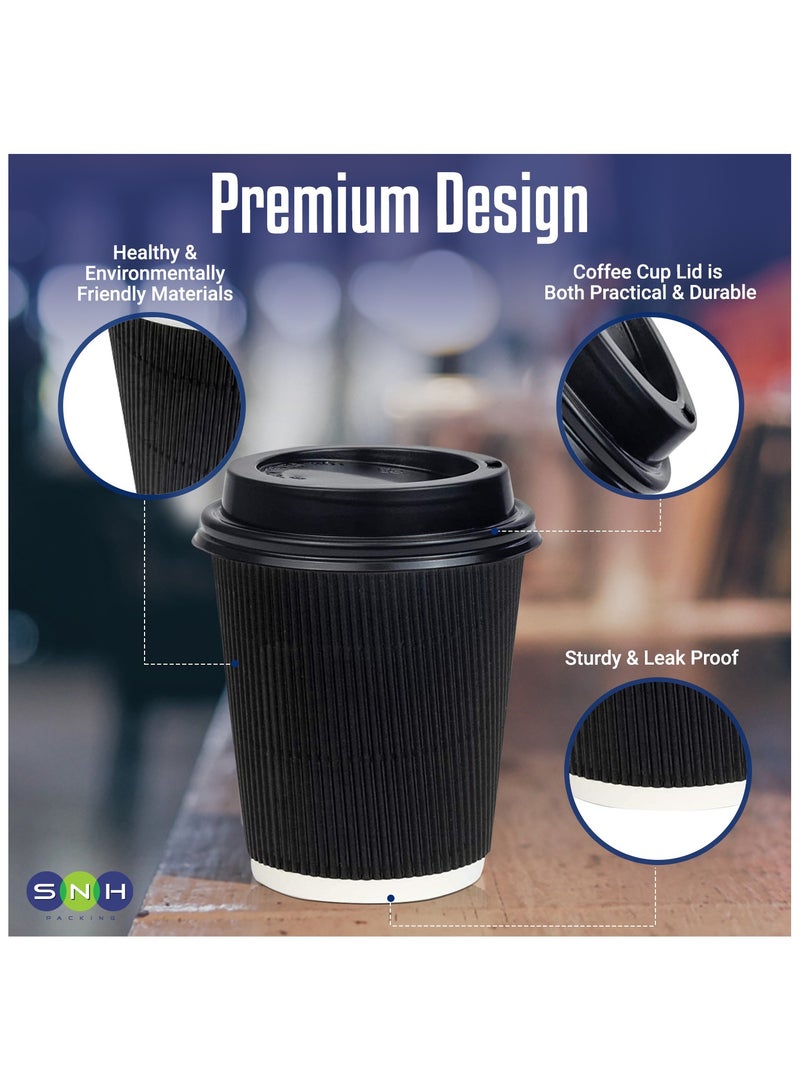SNH Packing 12 Oz (Pack of 25) Black Ripple Disposable Cups With Lids - 3-Layered Corrugated Paper Cups - Disposable Coffee Cup for Hot & Cold Drinks - Perfect for Events & Parties - Image 3